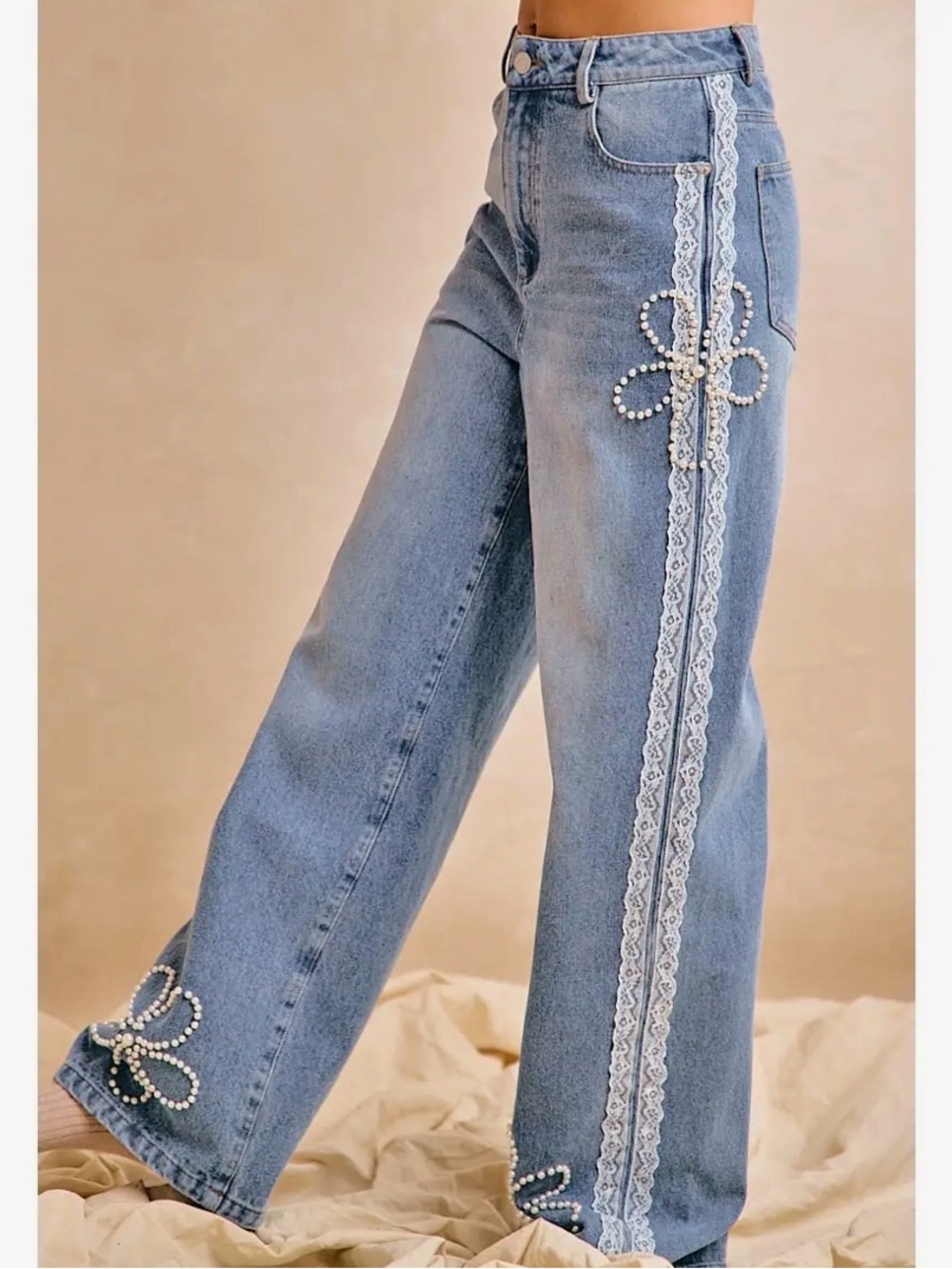 Denim pearl floral lace trim boho wide leg barrel western contrast bohemian jean
